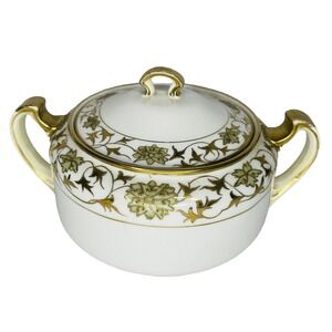 Antique Nippon Hand Painted Biscuit Cookie Jar White Green Gold Double Handle